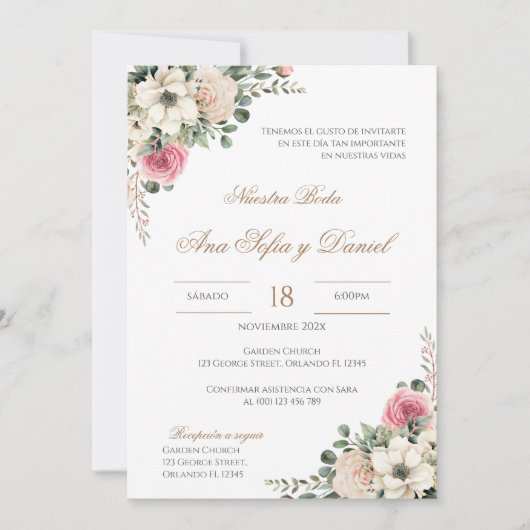 White and pink floral Spanish wedding Kaart (Voorkant)