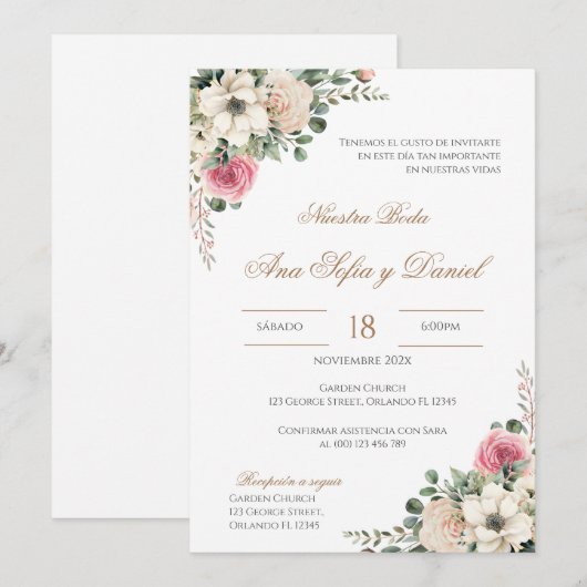White and pink floral Spanish wedding Kaart (Voorkant / Achterkant)
