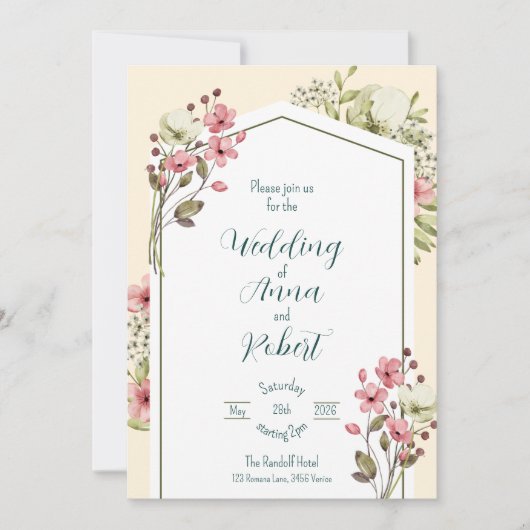 White And Pink Wildflowers Geometric Wedding Kaart (Voorkant)