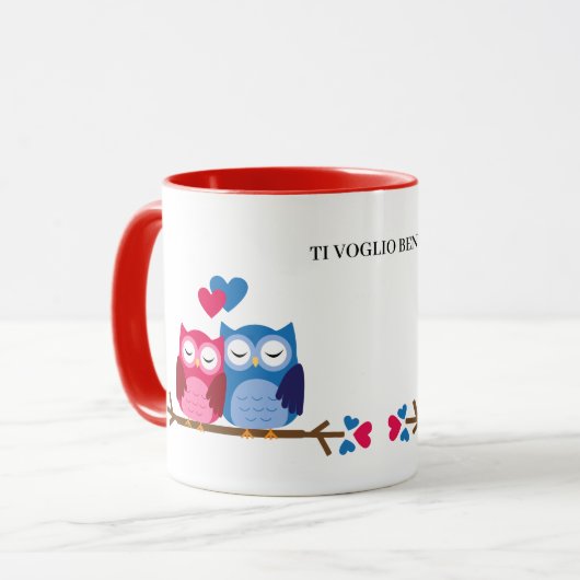 White and Red Ceramic Mug with Romantic Owl Couple Mok (Voorkant links)