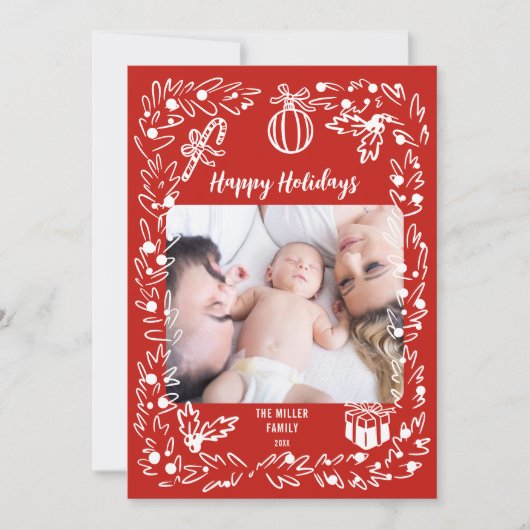 White and red Christmas Photo Card whimsical Feestdagenkaart (Voorkant)