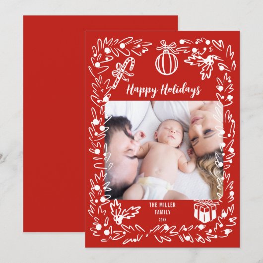White and red Christmas Photo Card whimsical Feestdagenkaart (Voorkant / Achterkant)