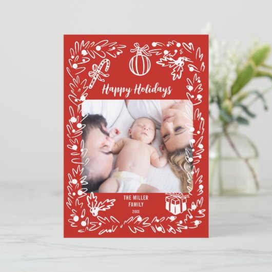 White and red Christmas Photo Card whimsical Feestdagenkaart (Staand voorkant)