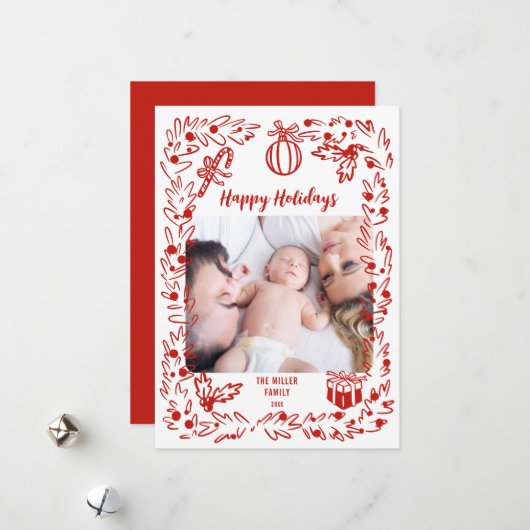 White and red Christmas Photo Card whimsical Feestdagenkaart (Voorkant / Achterkant in situ)