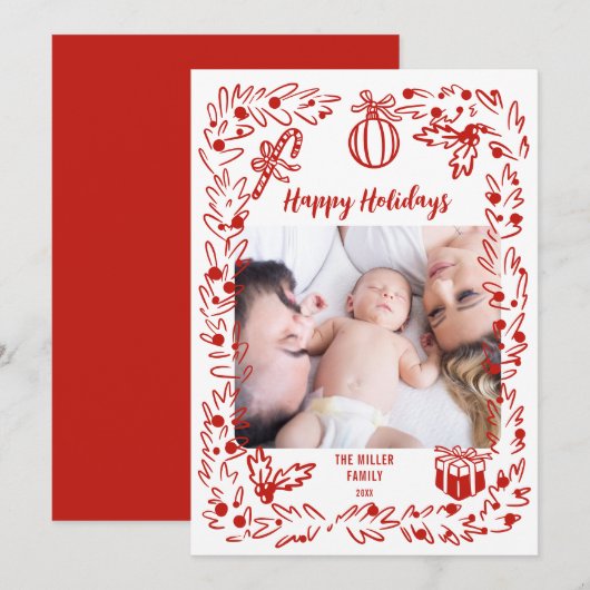 White and red Christmas Photo Card whimsical Feestdagenkaart (Voorkant / Achterkant)