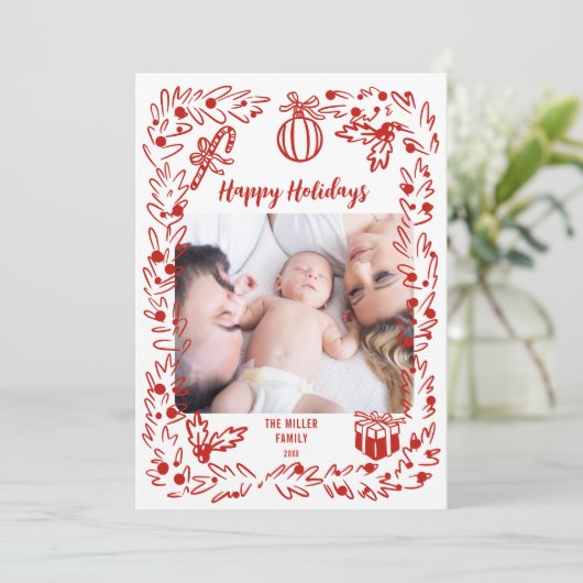 White and red Christmas Photo Card whimsical Feestdagenkaart (Staand voorkant)