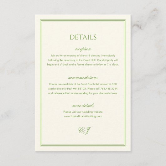 White and Sage Green Wedding Details Informatiekaartje (Voorkant)
