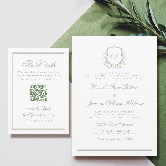 White and Sage Green Wedding Details Qr Code Informatiekaartje