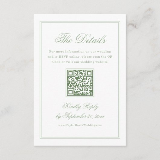 White and Sage Green Wedding Details Qr Code Informatiekaartje (Voorkant)