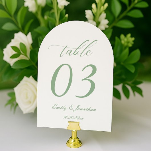White and Sage Green Wedding Table Number Kaart