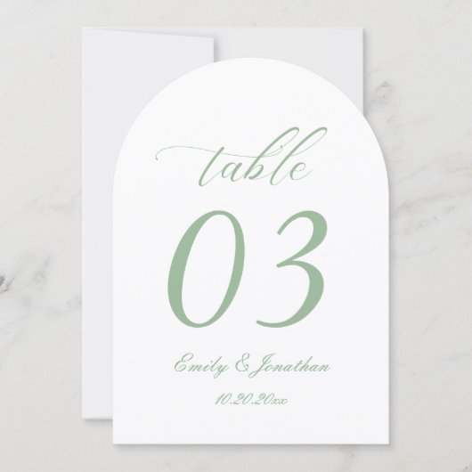 White and Sage Green Wedding Table Number Kaart (Voorkant)