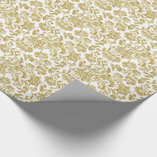 White and Shiny Gold Floral Damascus Patroon Cadeaupapier (Hoek)