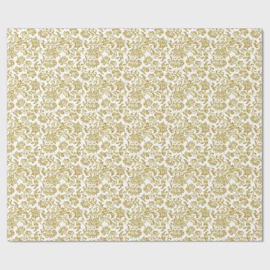 White and Shiny Gold Floral Damascus Patroon Cadeaupapier (Vlak)