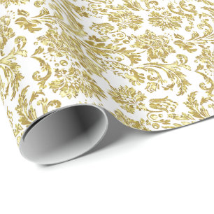 White and Shiny Gold Floral Damascus Patroon Cadeaupapier