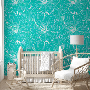 White and turquoise floral tile pattern wallpaper behang