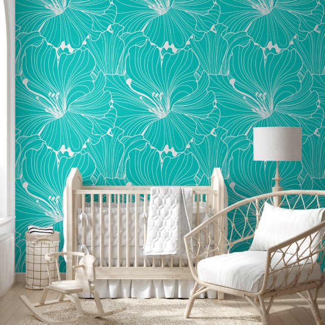 White and turquoise floral tile pattern wallpaper behang (Kinderen)