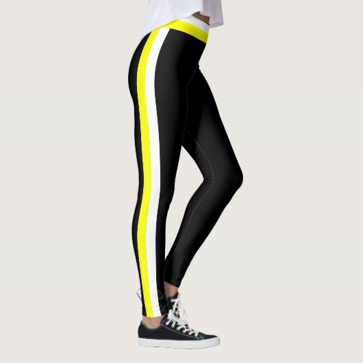 White and Yellow Side Stripe Black Sports Leggings (Rechts)