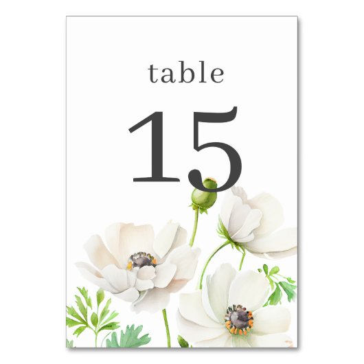 White Anemon Flower Table Number Kaart (Voorkant)