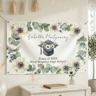 White Anemone Eucalyptus Watercolor Graduation Cap Spandoek