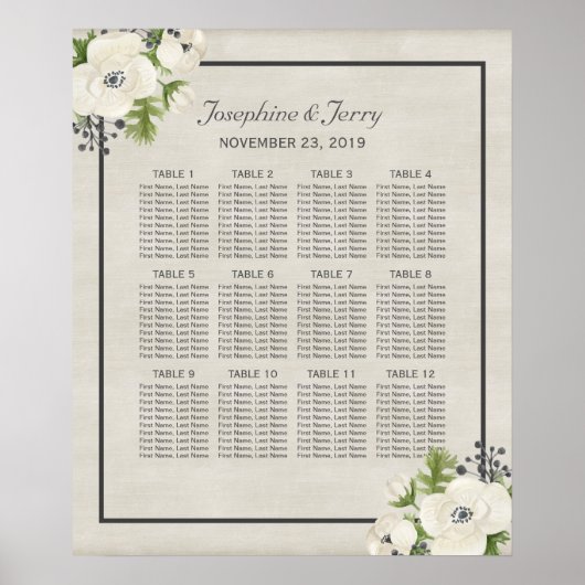 White Anemone Floral Wedding Seating Chart Poster (Voorkant)