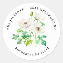 White Anemone flower Return Address Classic Round Ronde Sticker