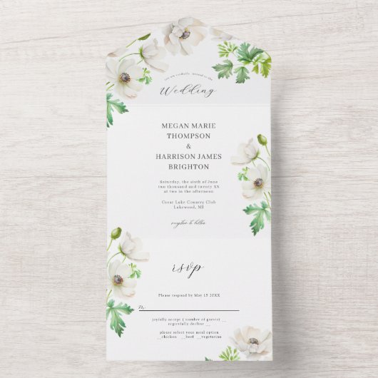 White Anemone Flower Wedding Invitation All In One Uitnodiging (Binnen)