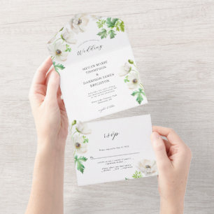 White Anemone Flower Wedding Invitation All In One Uitnodiging