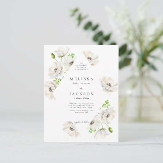 White Anemone Flower Wedding Invitation Briefkaart (Staand voorkant)