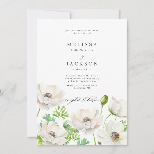 White Anemone Flower Wedding Invitation Kaart (Voorkant)