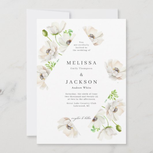 White Anemone Flower Wedding Invitation Kaart (Voorkant)