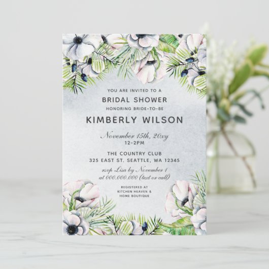 White Anemone Spring Bridal Shower Invitations Kaart (Staand voorkant)