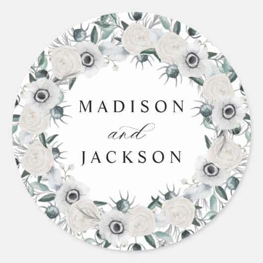 White Anemones and Rozen Personalized Wedding Ronde Sticker (Voorkant)
