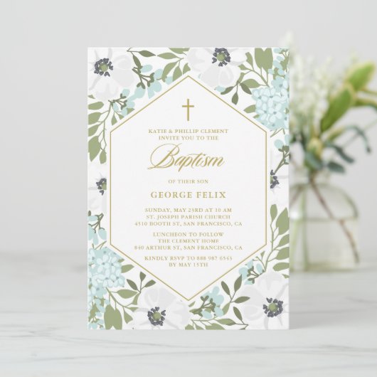 White Anemones Blue Floral Baby Baptisme Kaart (Staand voorkant)