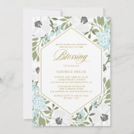 White Anemones Blue Floral Baby Blessing Kaart