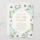 White Anemones Blue Floral First Heilige Communie Kaart (Voorkant)