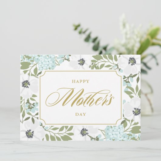 White Anemones Blue Floral Happy Moederdag Kaart (Staand voorkant)