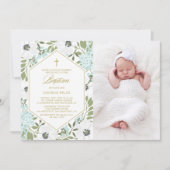 White Anemones Blue Floral Photo Baby Baptisme Kaart (Voorkant)