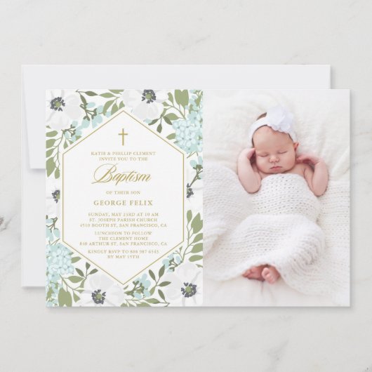 White Anemones Blue Floral Photo Baby Baptisme Kaart (Voorkant)