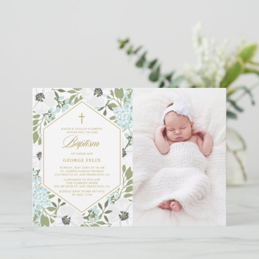 White Anemones Blue Floral Photo Baby Baptisme Kaart (Staand voorkant)