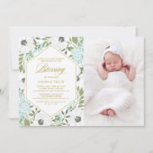 White Anemones Blue Floral Photo Baby Blessing Kaart (Voorkant)