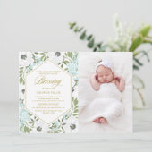 White Anemones Blue Floral Photo Baby Blessing Kaart (Staand voorkant)
