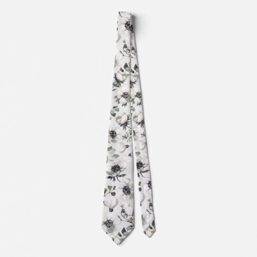 White Anemones Green Eucalyptus Wedding Stropdas (Voorkant)