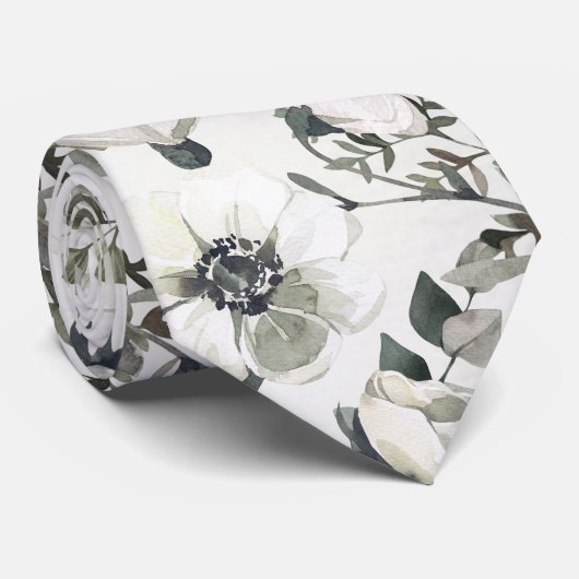 White Anemones Green Eucalyptus Wedding Stropdas (Opgerold)