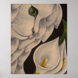WHITE ANGEL CAT MET CALLA LILLIES FLOWERS POSTER