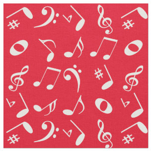 White Angled Muzieknoten Pattern on Red Stof