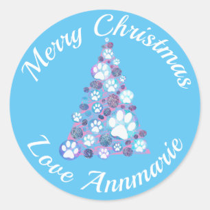 White Animal Paw Roze & Blue XMas Tree Light Blue Ronde Sticker