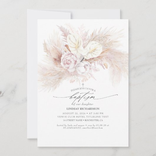 White Anthurium and Pampas Grass Floral Baptism Kaart (Voorkant)