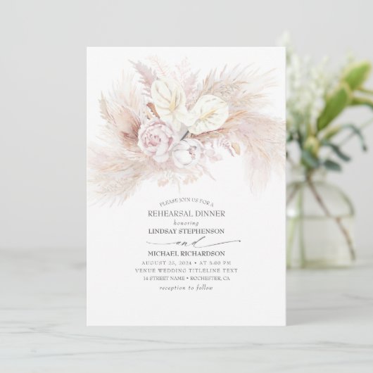 White Anthurium en Pampas Gras repetitie diner Kaart (Staand voorkant)