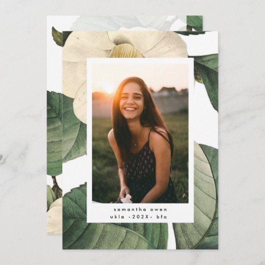 White Antiek Flower Photo University Afstudeerder Aankondiging (Voorkant / Achterkant)