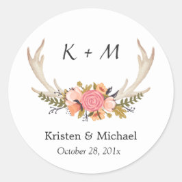 White Antler Floral Bride Groom Wedding Monogram Ronde Sticker